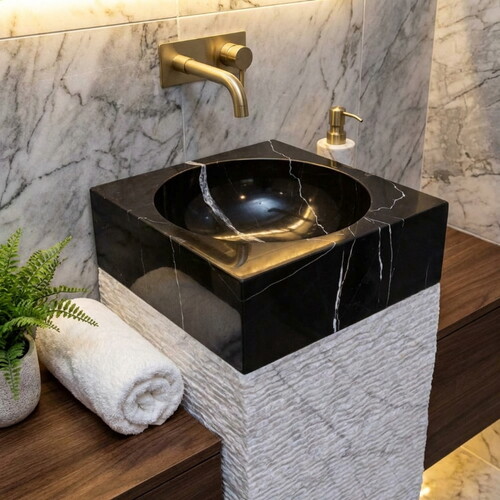 Toros Siyah Cilalı Muğla Beyaz Taramalı Mermer Kare Ayaklı Lavabo NTRVS28