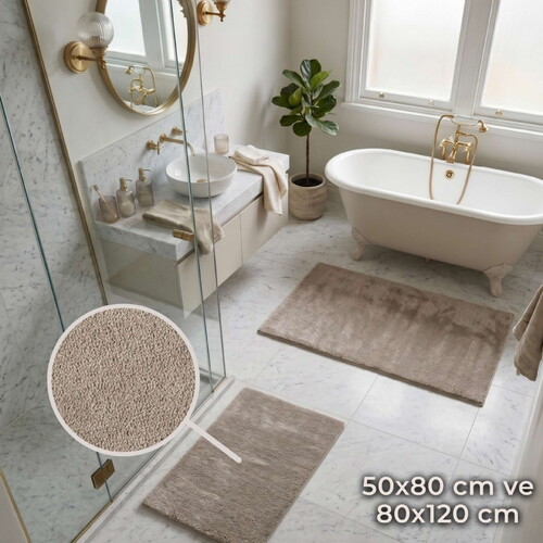 Ultra Soft 2’li Paspas Seti | Bej (50x80 + 80x120 cm) Banyo, Mutfak ve Antre için Çok Amaçlı Kullanım