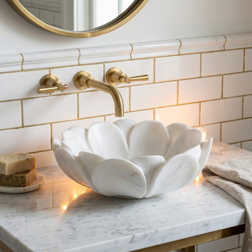 Carrara Beyaz Cilalı Mermer Özel Çiçek Tasarım Çanak Lavabo NTRVS18