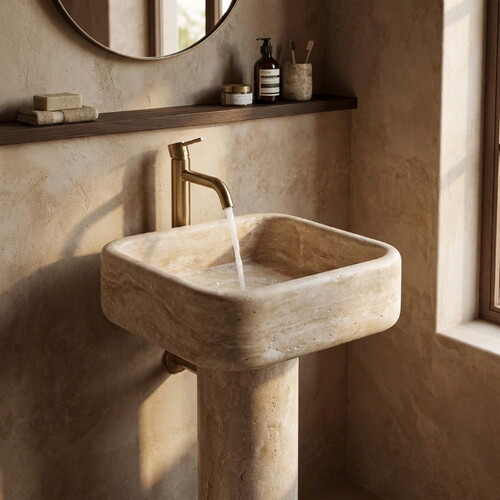 Light Traverten Dolgulu Honlu Ayaklı Dikdörtgen Lavabo YEDSIM01