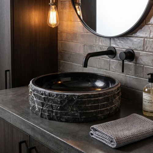 Toros Siyah Mermer Rustik El Yapımı Patlatma Taramalı Çanak Lavabo EGENTBM1675