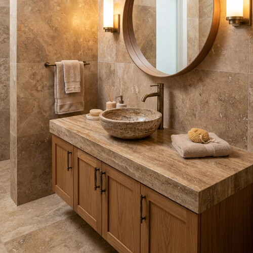 Valencia Bej Traverten Dolgulu Cilalı Çanak Lavabo EGEVUMP166