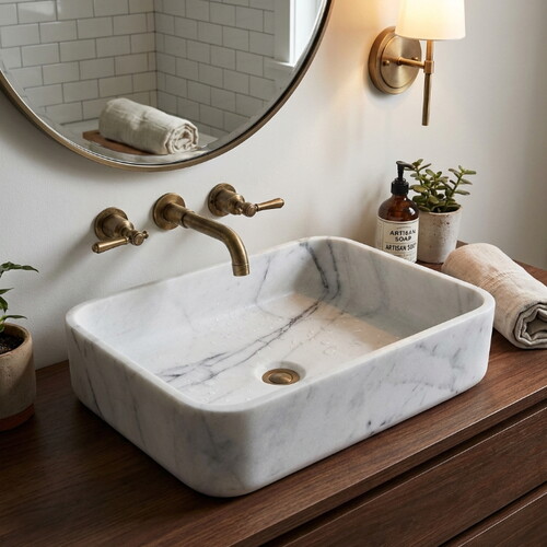 Calacatta Beyaz Cilalı Mermer Dikdörtgen Lavabo RWMVS01