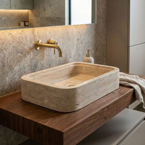 Traverten Bej Dolgulu Cilalı Lavabo NTRVS168