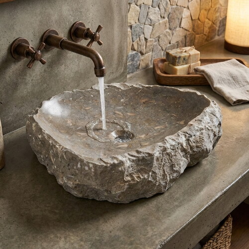 Seagrass Fosil Limestone Rustik El Yapımı Patlatma Çanak Lavabo NTRSTC16-M