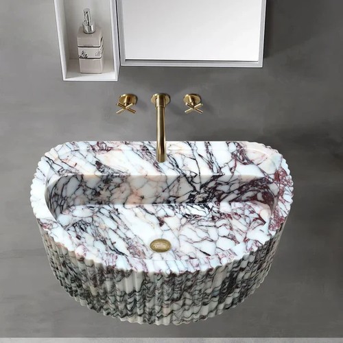 Calacatta Viola Cilalı Duvara Montaj Fitilli Yarım Yuvarlak Mermer Lavabo NTRVS158
