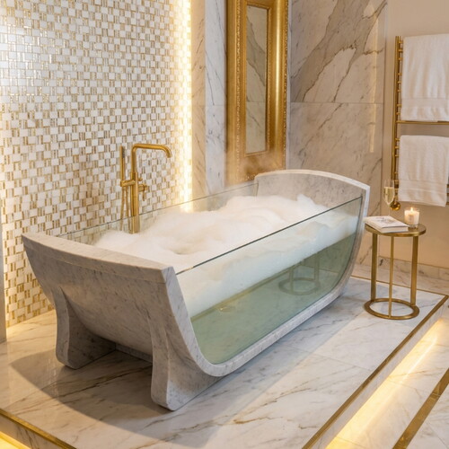 Carrara White Temperli Camlı Cilalı El Yapımı Mermer Küvet