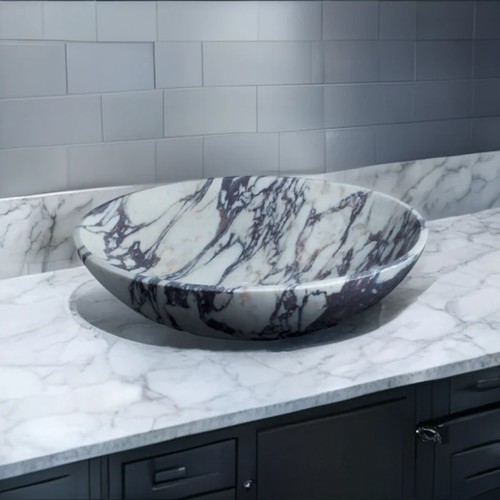 Calacatta Viola Cilalı Mermer Oval Çanak Lavabo CVOMS01