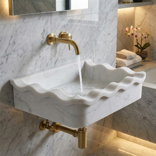 Carrara Beyaz Cilalı Duvara Montaj Mermer Dalgalı Kenarlı Lavabo NTRVS215