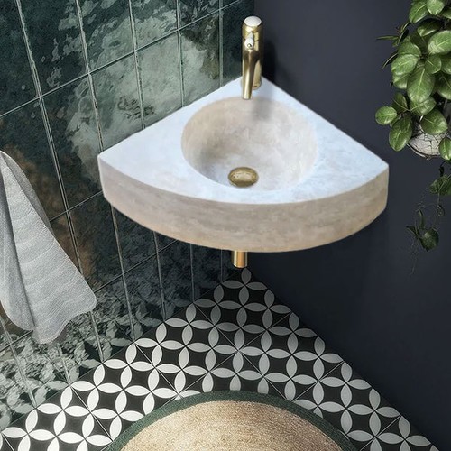 Troia Light Traverten Dolgulu Honlu Duvara Montaj Köşe Lavabo NTRVS993