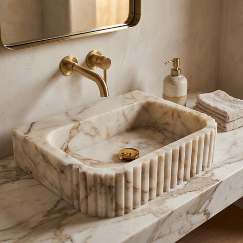 Calacatta Altın Cilalı Duvara Montaj Fitilli Mermer Lavabo NTRVS181