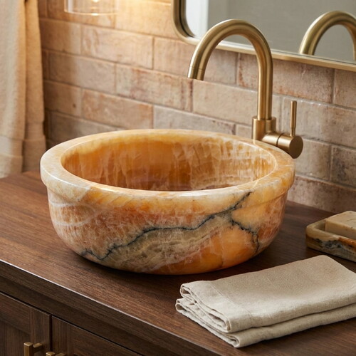 Honey Oniks Cilalı Mermer Tezgah Üzeri Ve Çanak Lavabo TMS32
