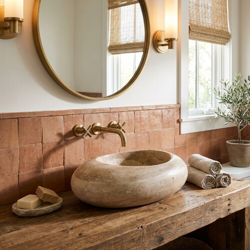 Noce Traverten Dolgulu Honlu Özel Tasarım Lavabo NTRSTC21