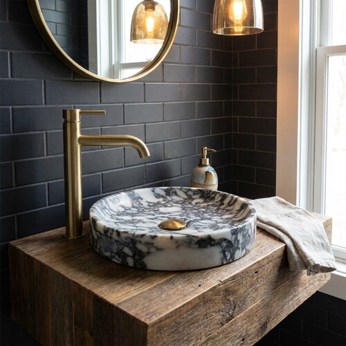 Calacatta Viola Cilalı Mermer Yuvarlak Çanak Lavabo NTRVS223