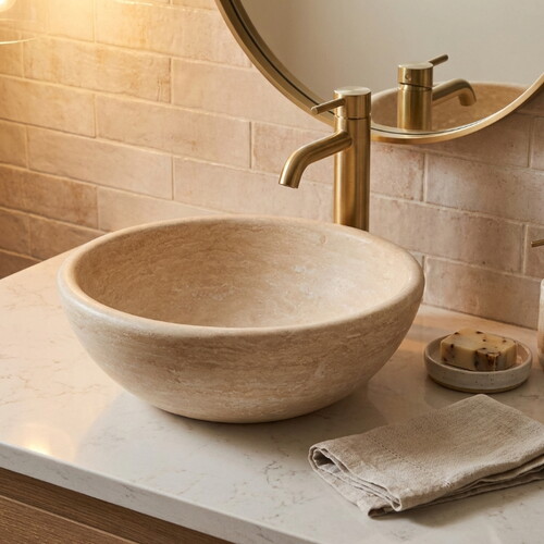 Klasik Traverten Dolgulu Honlu Çanak Lavabo NTRSTC09