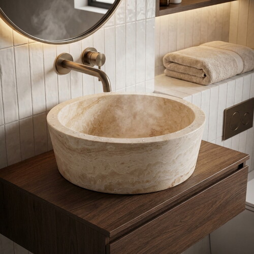 Klasik Traverten Dolgulu Honlu Çanak Lavabo NTRSTC10