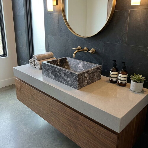 Bursa Gri Cilalı Tezgah Üstü Dikdörtgen Mermer Lavabo NTRVS122