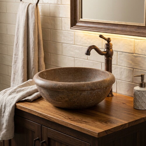 Noce Traverten Dolgulu Honlu Tezgah Üzeri Ve Çanak  Lavabo NTRSTC12