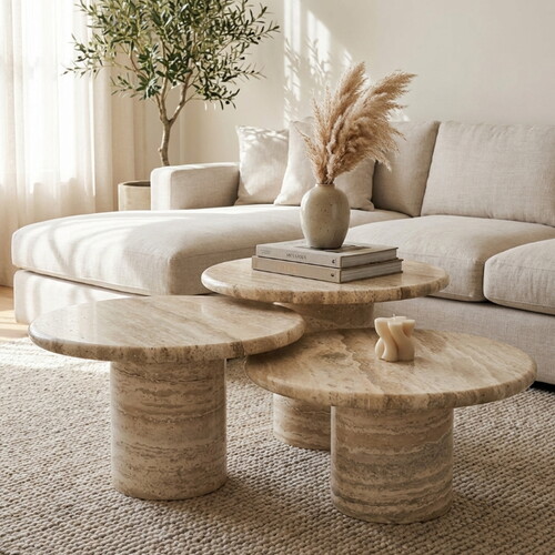 Valencia Traverten Dolgulu Cilalı Yuvarlak 3'lü Sehpa TP3PCT