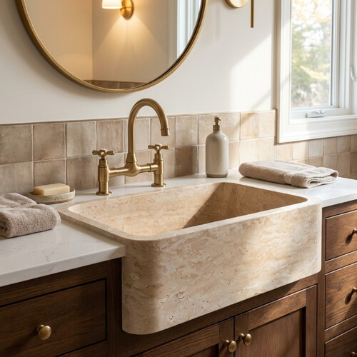 Klasik Traverten Dolgulu Honlu Dikdörtgen Çiftlik Evi Tarzı Lavabo NTRSTC13